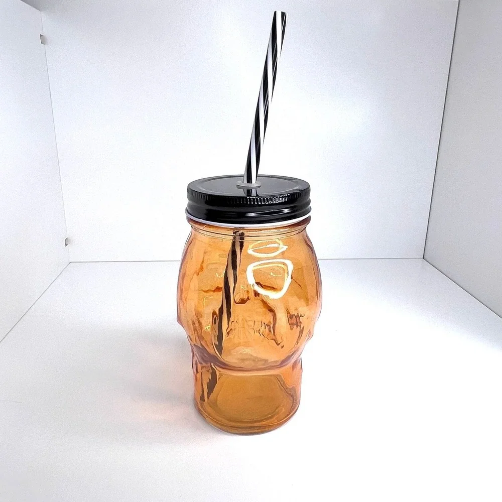 Skull Glass‎ with Straw Halloween Orange Travel Cup Mason Jar Mug 14oz